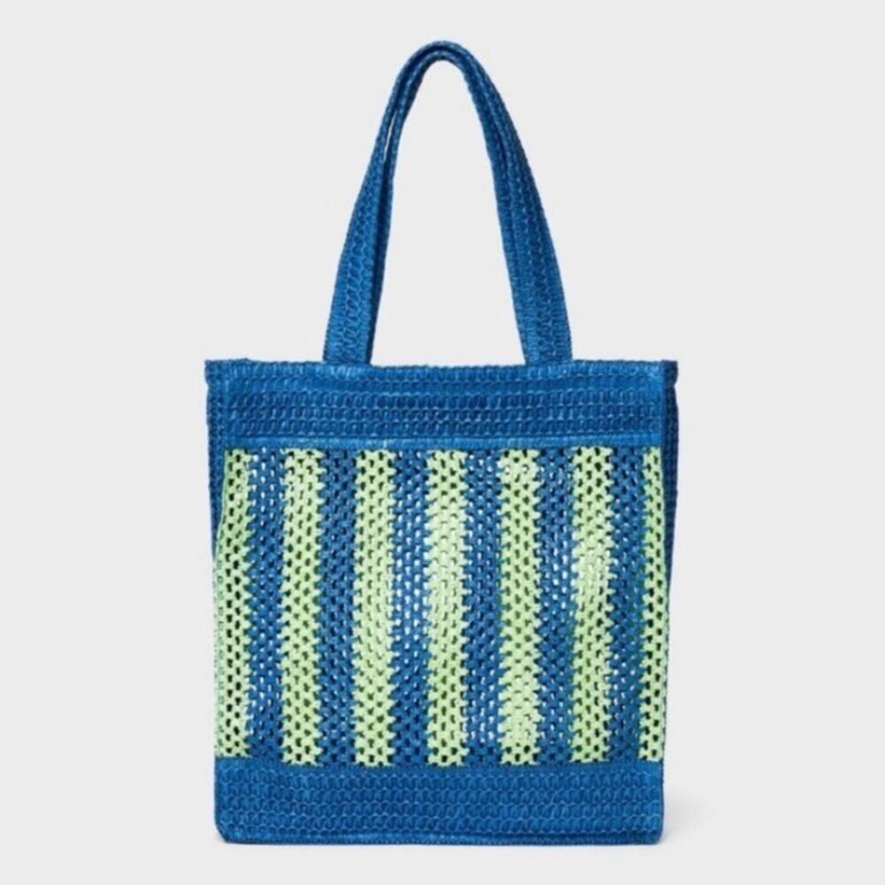 Universal Thread  Blue Green Striped Straw Crochet Handbag Tote